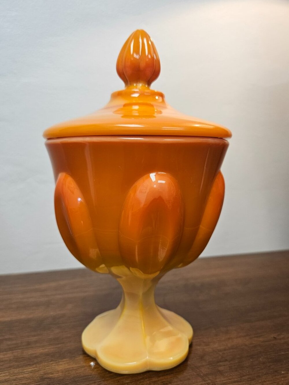 Vintage LE Smith Bittersweet Slag Glass Lidded Candy Dish Pedestal MCM